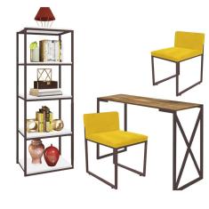 Imagem de Kit Escritório Bex 2 Cadeiras Suede Amarelo com 1 Mesa e 1 Livreiro Ferro Marrom MDF Imbuia - Ahazzo Móveis