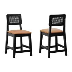 Imagem de Kit 2 Banquetas Madeira Maciça Assento Estofado Preto Assento Estofado Corano Caramelo