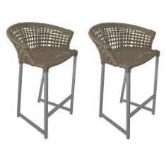 Imagem de Kit 2 Banquetas Reis Em Corda Náutica E Base Em Alumínio Cinza Para área Gourmet Externa Rami Bege