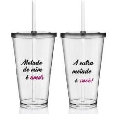 Imagem de Kit 2 Copos com Tampa e Canudo Personalizados Dia dos Namorados