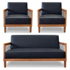 Imagem de Kit 2 Poltronas E Sofá Living 2 Lugares Marilia 1,60m Corano Preto Base Em Madeira Castanho