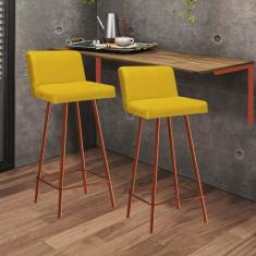 Imagem de Kit Mesa Suspensa de Parede Fixa MDF Carvalho + 2 Banquetas Lexi Ferro Bronze Suede Amarelo - Ahazzo Móveis