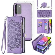 Imagem de Asuwish Capa de celular para Samsung Galaxy A03s versão EUA 5G 2022 com zíper carteira celular com alça protetora de tela de vidro temperado, porta-cartões de flores Ao3s A 03s SM-A037U SM A037U