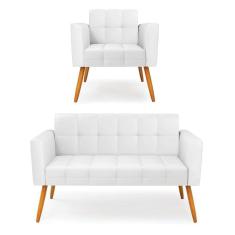 Imagem de Kit 1 Sofá Namoradeira E 1 Poltrona Elisa Corino Pés Palito Castanho - D`rossi Cor Branco