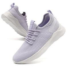 Imagem de WOHHHW Tênis de caminhada feminino, casual, com cadarço, leve, sem cadarço, tênis de corrida sem cadarço, 01 Roxo claro, 35