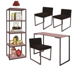 Imagem de Kit Escritório Ravi 3 Cadeiras Suede Marrom com 1 Mesa e 1 Livreiro Ferro Marrom MDF Rose Rosa - Ahazzo Móveis