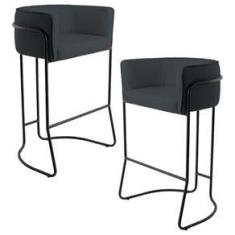 Imagem de Kit 02 Banquetas Decorativas Fixa Base de Aço  Betina D02 Linho Chumbo C-465 - Lyam Decor