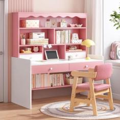 Imagem de Mesa de computador com estante de armazenamento, mesa de escritório de madeira com gavetas/prateleiras, mesa de computador para casa, escritório, mesa de estudo, mesa de jogos, PC, laptop, estação de