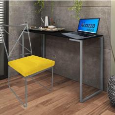 Imagem de Kit Escritório Clark Cadeira e Mesa Industrial Ferro Prata Tampo MDF Preto Sintético Amarelo - Ahz Móveis