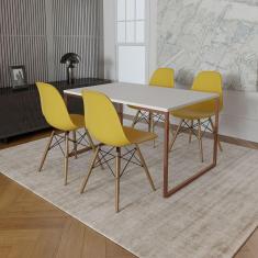 Imagem de Mesa Industrial Base Ferro Cobre Tampo 137X90 Branco 4 Cadeiras Madeira Assento Amarelo Branco