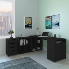 Imagem de Conjunto Home Office Escrivaninha, Balcão 2 Portas e Gaveteiro 4 Gavetas Artany na Cor Preto Artany Preto