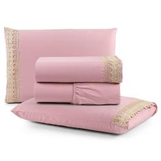 Imagem de Jogo De Lençol Rubi Queen 4 Pçs 100% Algodão 200 Fios Ponto Palito Bordado - Rosê