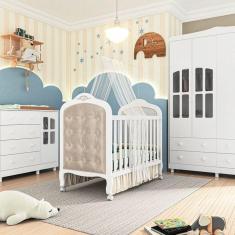 Imagem de Quarto de Bebê Berço com Botões encapados Guarda Roupa e Cômoda com Janela Maya Clássico Espresso Móveis Branco Brilho/Pena Areia