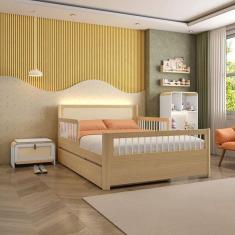 Imagem de Bicama Casal Reversível com Estante 4 Nichos em LED e Sapateira 1 Porta Infantil Wave Casatema Branco /natural