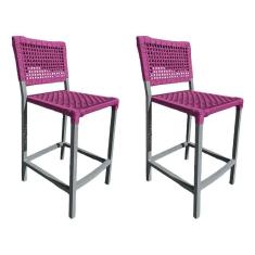 Imagem de Kit 2 Banquetas França Em Corda Náutica E Base Em Alumínio Cinza Para área Gourmet Rosa - Cor: Rosa