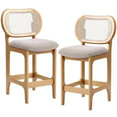 Imagem de Kit 2 Banquetas Baixa Bar Cozinha Sala de Jantar Betta L02 Mel Tela Bouclê Creme - Lyam Decor