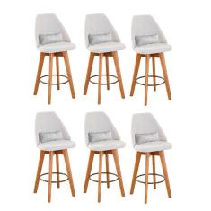 Imagem de Kit 06 Banquetas Alta Maya Giratória Com Encosto Gourmet Linho Bege e Almofada Suede Branco - Aurora Line