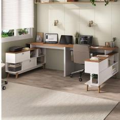 Imagem de Kit 2 Mesas para Escritório Escrivaninha em L Retrô 136x120cm Branco/nogal Branco