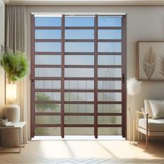 Imagem de Porta de Correr com Travessas 3 Folhas Moveis Sequenciais 210 X 240 Elite com Fechadura Tetra Vidro Mix Corten