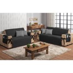 Imagem de Jogo protetor de sofá 2 e 3 lugares com laço preto + 4 almofadas cinza