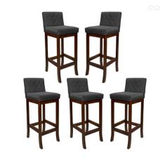 Imagem de Kit 5 Banquetas Alta para Bancada de Cozinha Tóquio Madeira Maciça Matelassê Suede Cinza CCS