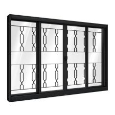 Imagem de Janela de Aço de Correr Central com Grade Mosaico 4 Folhas 100x120cm Aço Pronto Riobras Preto