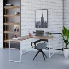 Imagem de Mesa de Escritório em L Estilo Industrial 120x150cm Kuadra Lâmina Mel/Est.Branca