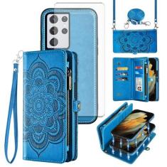 Imagem de Asuwish Capa de celular para Samsung Galaxy S21 Ultra 5G Carteira com zíper destacável com protetor de tela de vidro temperado, compartimento para cartão de flores S21ultra 21S S 21 21ultra G5