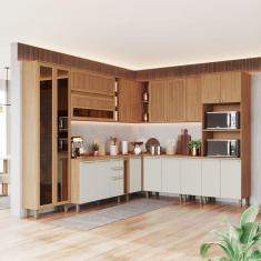 Imagem de Cozinha Completa Requinte 19 Portas 2 Gavetas Ripado com Vidro Nature/Areia/Nature - Henn