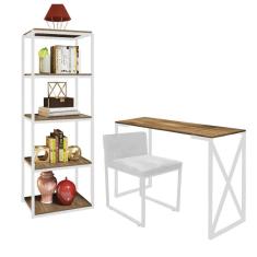 Imagem de Kit Escritório Bex 1 Cadeira Corino Branco com 1 Mesa e 1 Livreiro Ferro Branco MDF Carvalho - Ahazzo Móveis