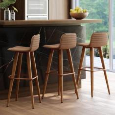 Imagem de 3 Banqueta Alta Com Encosto Tecido Linho Pés de Madeira Com Apoio Para