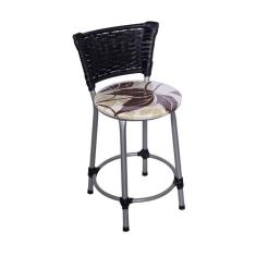 Imagem de Banqueta Baixa Prata com Encosto Junco Preto Assento Floral Marrom