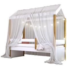 Imagem de Cama Montessori Com Cordão Led Colchão E Dossel Branco