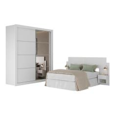 Imagem de Guarda Roupas Casal Espelho E Cabeceira Com 2 Mesas De Cabeceira Multimóveis MP4327 Branco
