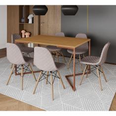 Imagem de Mesa Industrial Retangular Canela Base V Cobre 137x90cm com 6 Cadeiras Madeira Estofadas Nude Médio