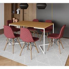 Imagem de Mesa Industrial Retangular Canela Base V Aço Branco 137x90cm 6 Cadeiras Madeira Estofadas Vermelhas