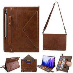 Imagem de Bolsa de ombro para tablet para Samsung Galaxy Tab S10 Ultra/S9 Ultra/S8 Ultra 37.1 cm, alça de mão retrô de couro PU, alça de ombro transversal, porta-cartões, bolso S, suporte para canetas, capa com