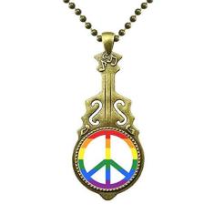 Imagem de DIYthinker Colar de arco-íris gay lésbica anti-guerra LGBT pingente de música de guitarra antiga