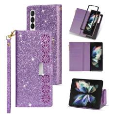 Imagem de Asuwish Capa de telefone para Samsung Galaxy Z Fold 4 5G 2022 capa carteira e alça de pulso crédito bling glitter flip zíper suporte para cartão acessórios celulares ZFold4 Z4 Fold4 4Z ZFold45G