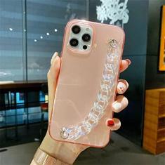 Imagem de Pulseira de pulso cristal transparente de luxo com corrente para iPhone 11 13 14 Pro XR Xs Max 12mini SE2 6 7 8 Plus Capa de silicone macio, rosa, para iPhone 13 Pro