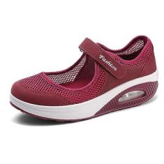 Imagem de RiceelSor Sapatos femininos de enfermeira de malha ajustável, respirável, leve, para caminhada, almofada de ar, amortecedor, fitness, amamentação ortopédica, sapatos Mary Jane, Vermelho, 38