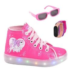 Imagem de Tênis Botinha Infantil Feminino De Led Unicórnio Cano Alto +Óculos+Rel