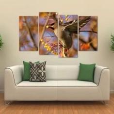 Imagem de Quadro Paisagem Passarinho Sala Escritório Em Tecido 4 Peça