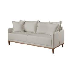 Imagem de Sof  3 Lugares Almofada Solta Base Madeira Veludo Bege Claro