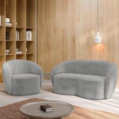 Imagem de Conjunto 1 Sofá Living 160cm E 1 Poltrona íbis Encosto Fixo Veludo Cinza G33 - Gran Belo