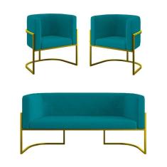Imagem de Kit 2 Poltronas + Sofá 2 Lugares Base De Metal Gold Balaqui Azul Turquesa