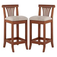 Imagem de Kit 2 Banquetas Média Estofada Encosto Valentina 36x90Cm Bancada Madeira Maciça Linho Bege M58