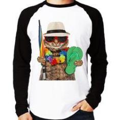 Imagem de Camiseta Raglan Gato Nas Férias Manga Longa - Foca Na Moda