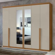 Imagem de Guarda-Roupa Casal Alonzo 6 Portas 4 Gavetas com Espelho 100% Mdf Amêndoa Clean/Off White - Móveis Lopas