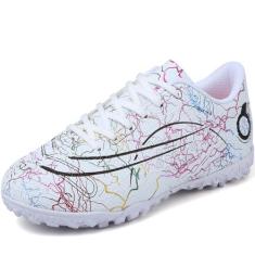 Imagem de DISRATEBLU Sapatos de futebol para crianças, meninos, meninas, tênis de treinamento de futebol juvenil, terreno firme, grama atlética, uso ao ar livre, tênis de futebol profissional, Branco, 16
